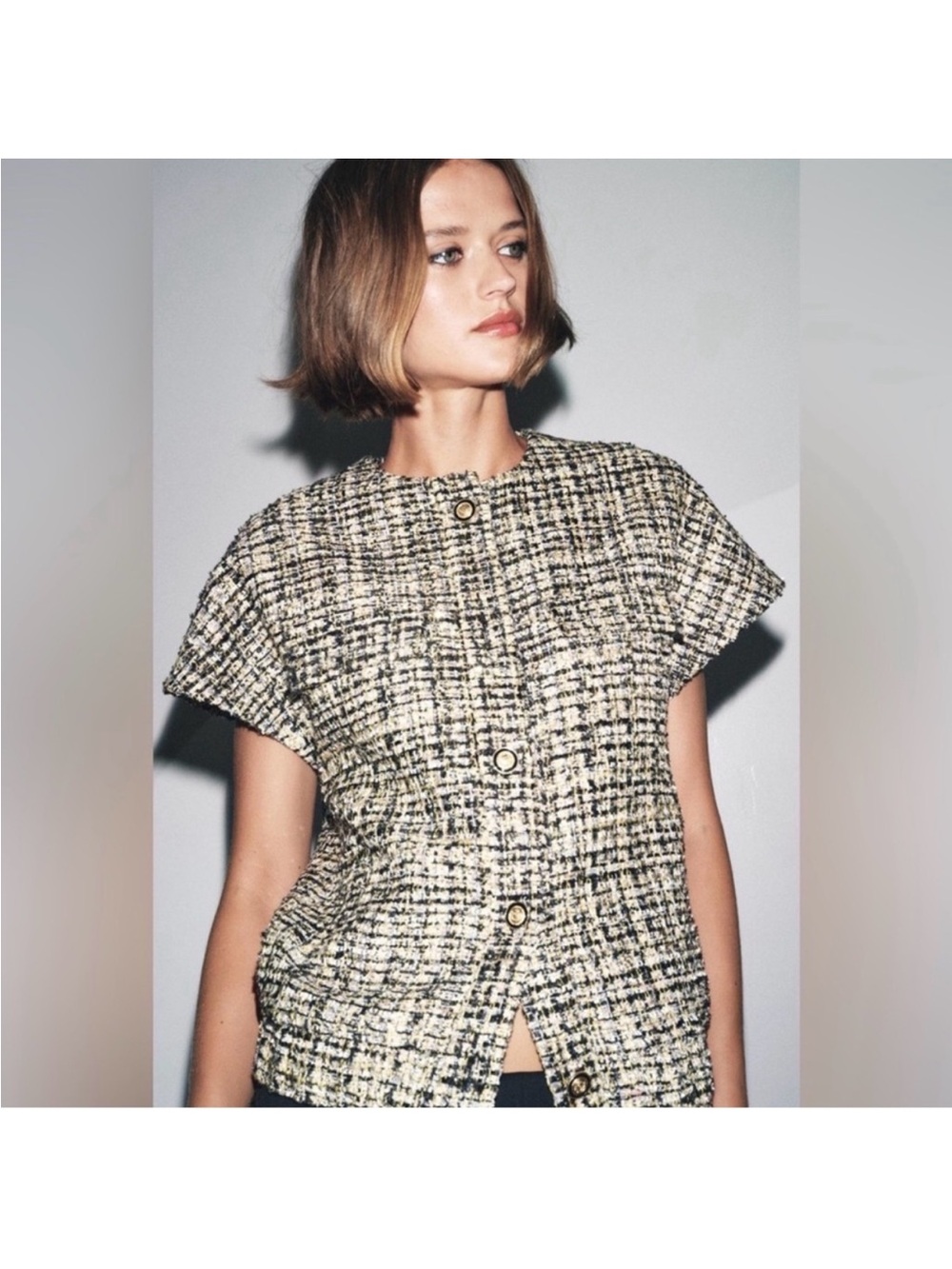 Zara Cream and Black Tweed Button-Front Short Sleeve Top